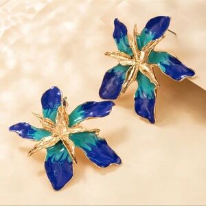 Blue and Gold Floral Earrings